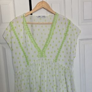 Zara Women's White Blouse with Green Embroidery